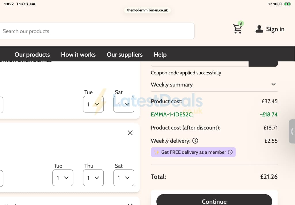 Screenshot of the The Modern Milkman discount code working
