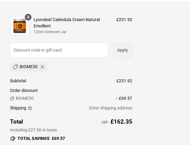 Screenshot of the Lyonsleaf discount code working