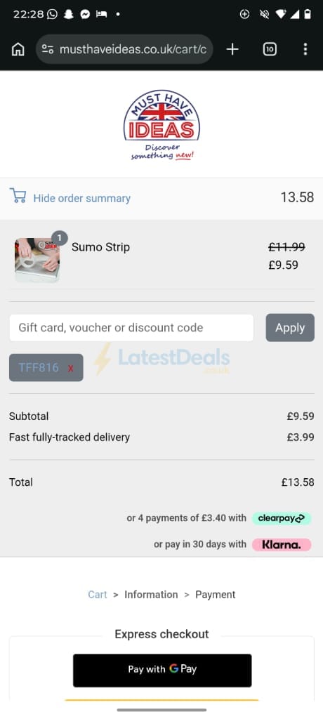 Screenshot of the Must Have Ideas discount code working