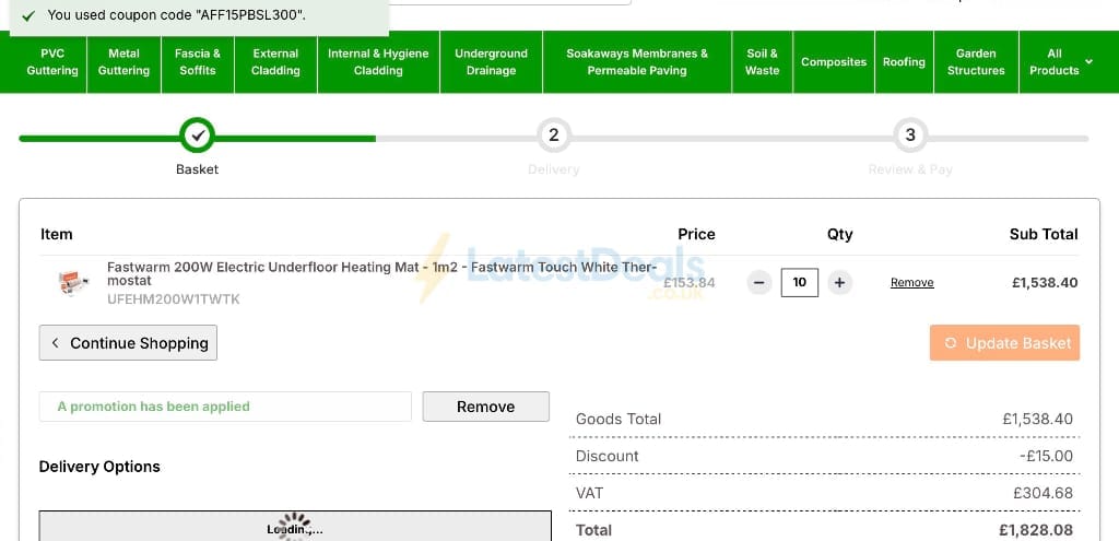 Screenshot of the Professional Building Supplies discount code working