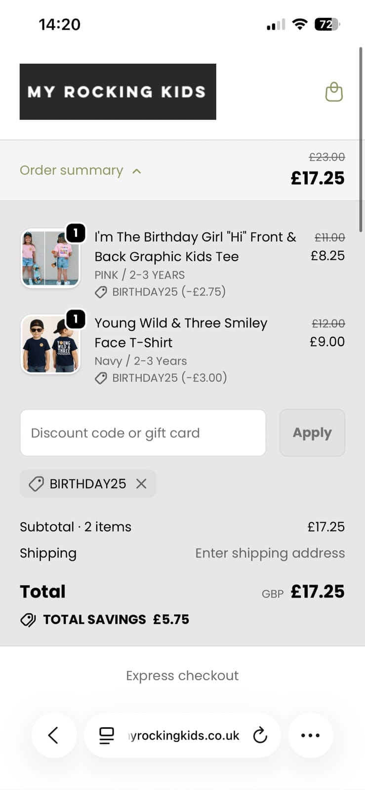 Screenshot of the My Rocking Kids discount code working
