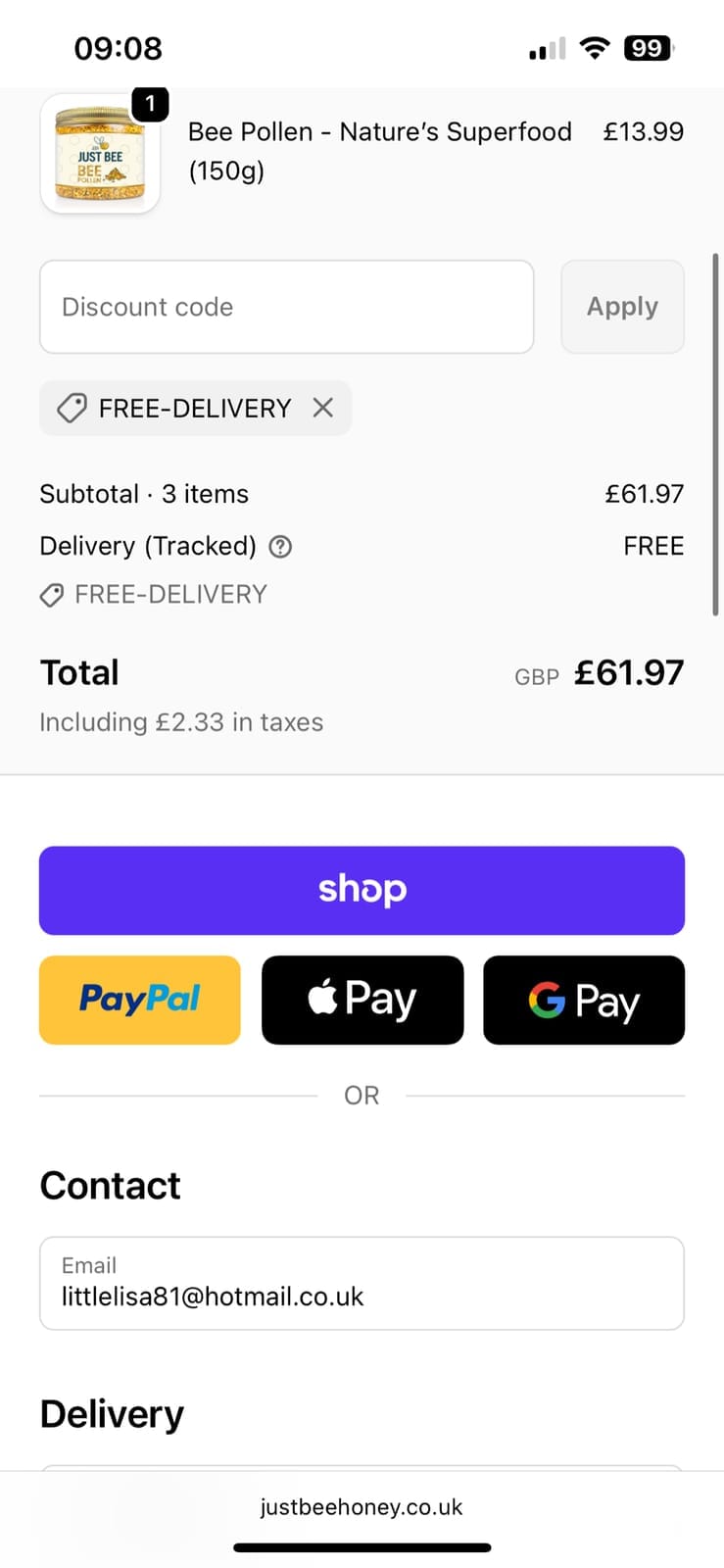 Screenshot of the Just Bee Honey discount code working