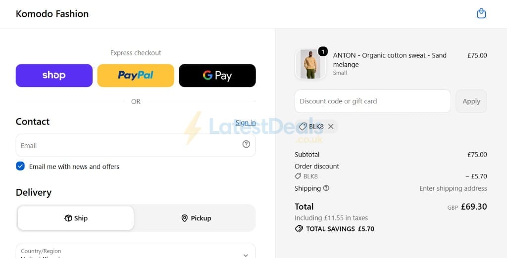 Screenshot of the Komodo discount code working
