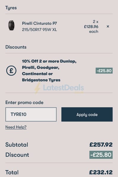 Screenshot of the Protyre discount code working