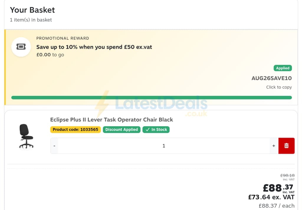 Screenshot of the Staples discount code working