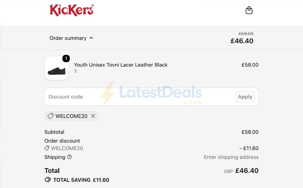Screenshot of the Kickers discount code working