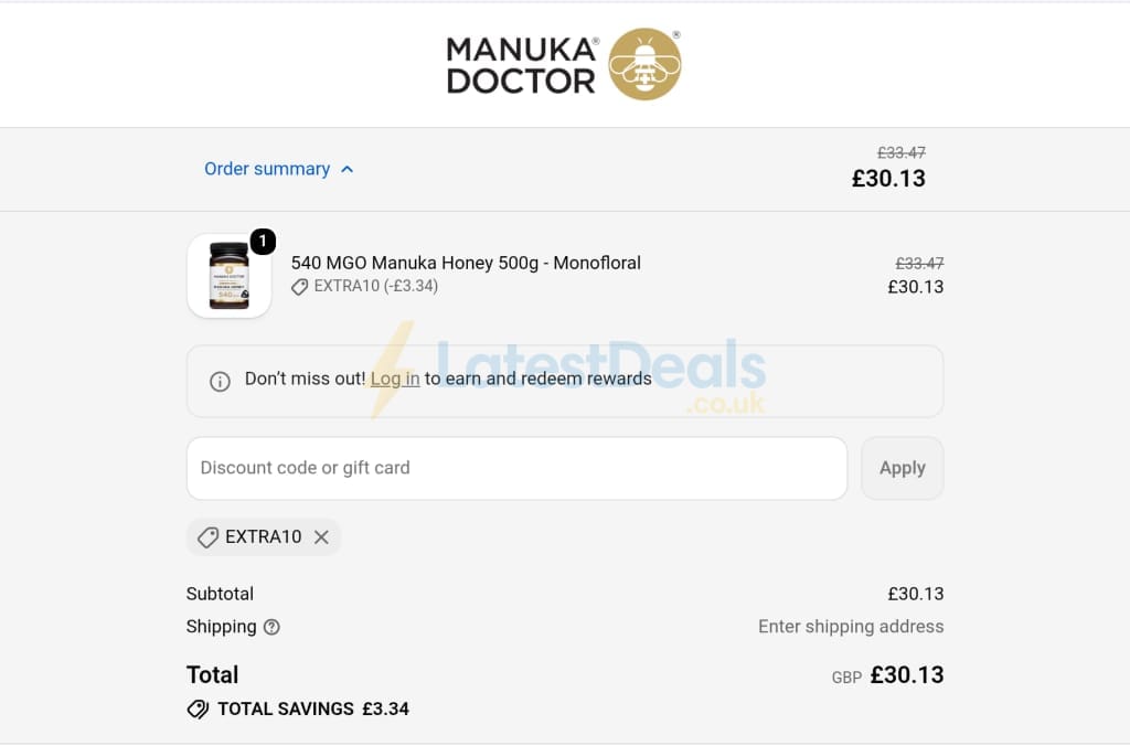 Screenshot of the Manuka Doctor discount code working