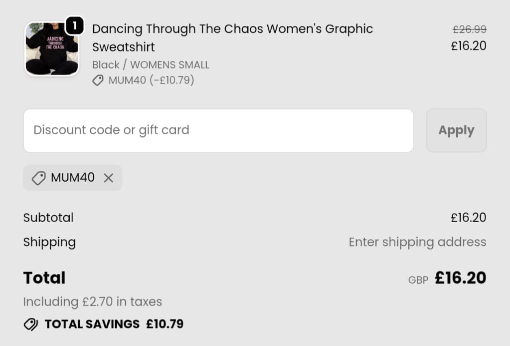 Screenshot of the My Rocking Kids discount code working