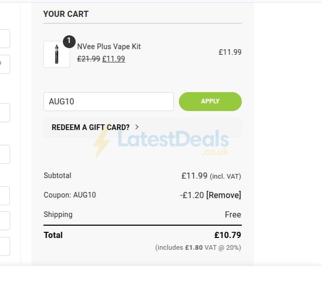 Screenshot of the Nvee Ecigs discount code working