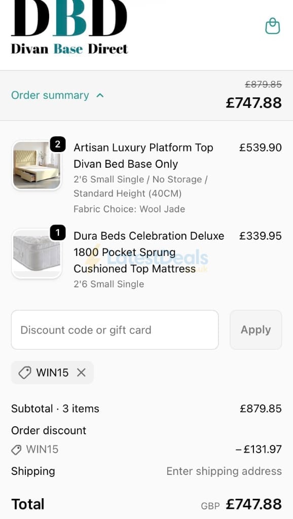Screenshot of the Divan Base Direct discount code working