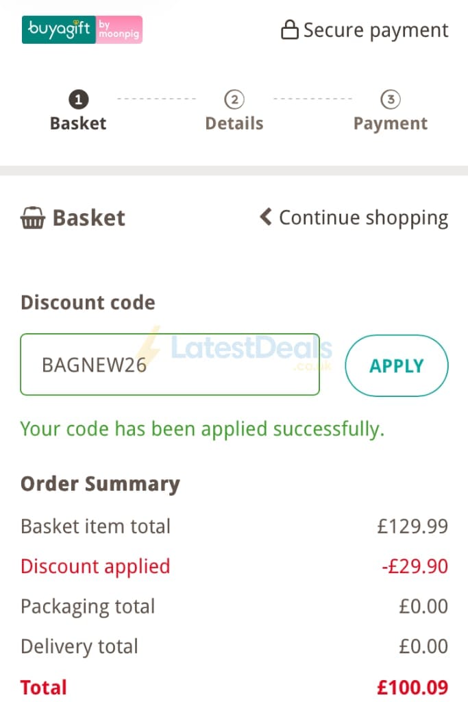 Screenshot of the Buyagift discount code working