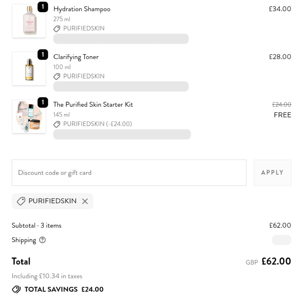 Screenshot of the Oh My Cream discount code working