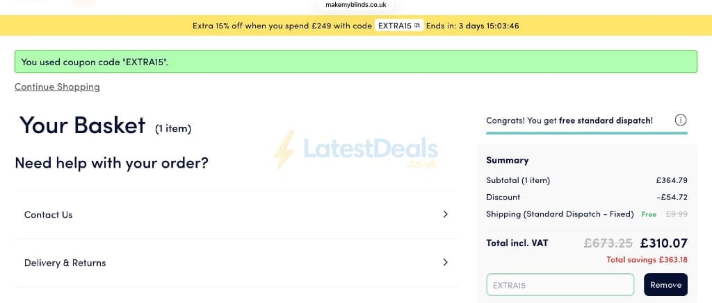 Screenshot of the Make My Blinds discount code working