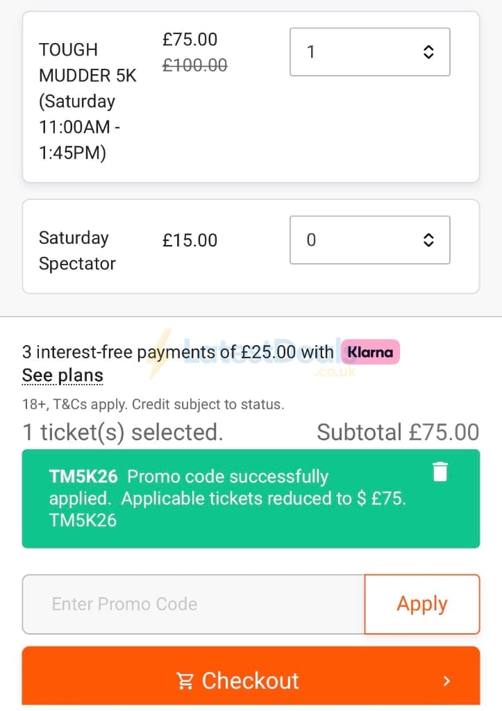 Screenshot of the Tough Mudder discount code working