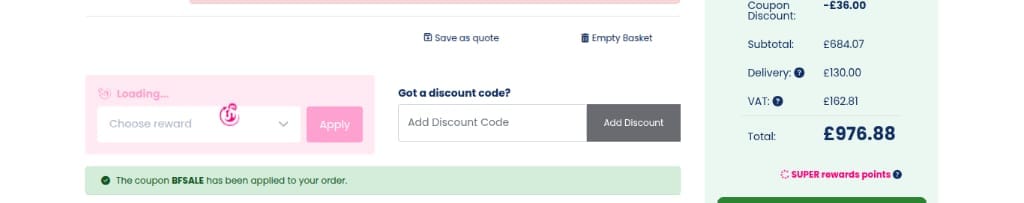 Screenshot of the Roofing Superstore discount code working