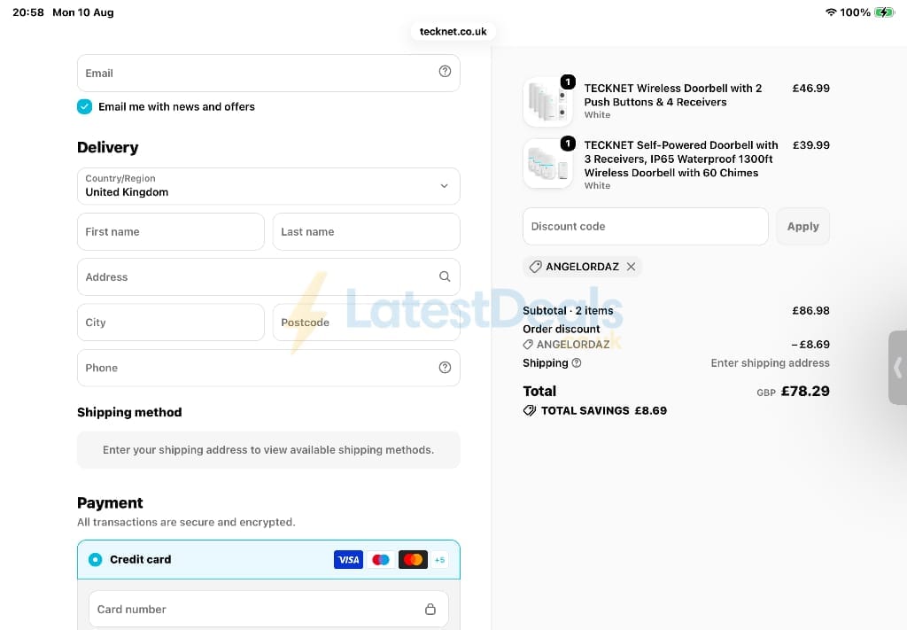 Screenshot of the Tecknet discount code working