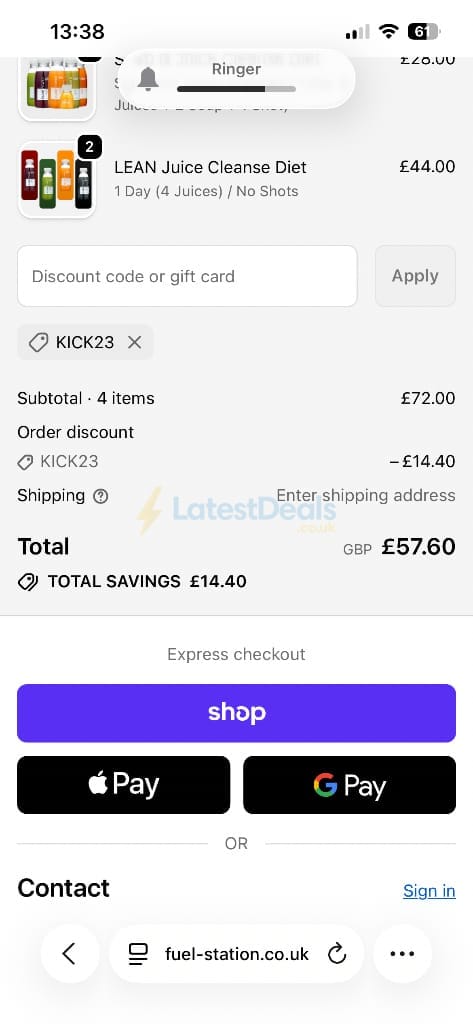 Screenshot of the Fuel Station discount code working