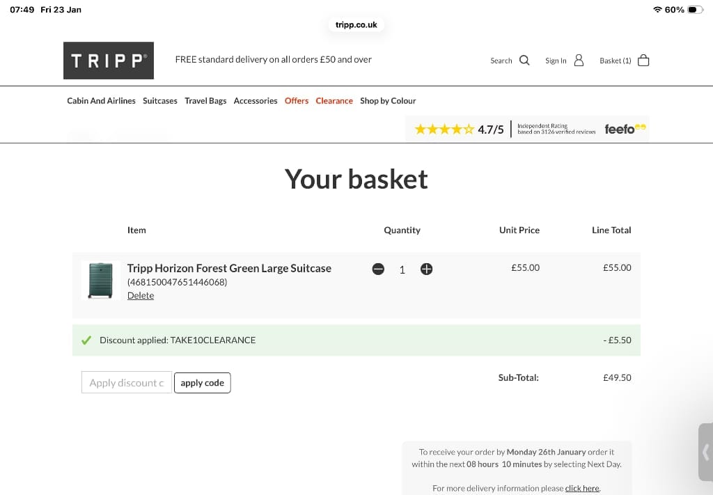 Screenshot of the Tripp discount code working
