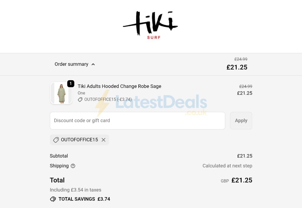 Screenshot of the Tiki Surf discount code working
