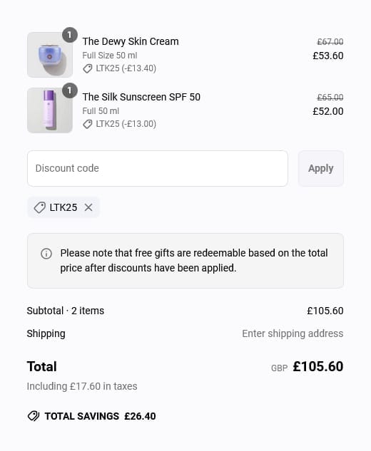 Screenshot of the Tatcha discount code working