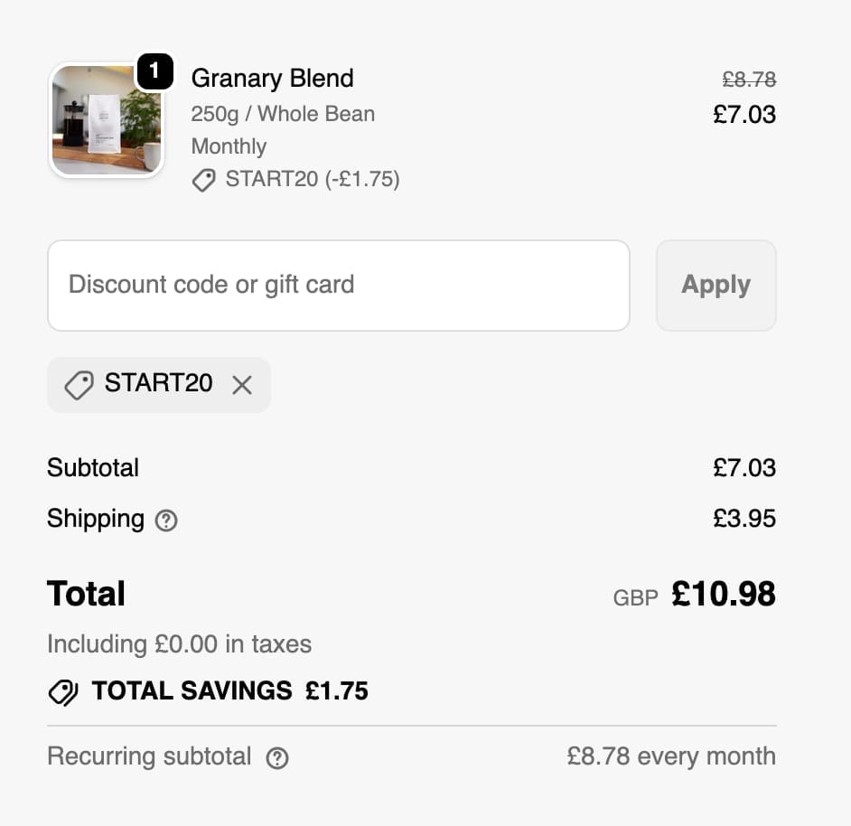 Screenshot of the Rounton Coffee Roasters discount code working