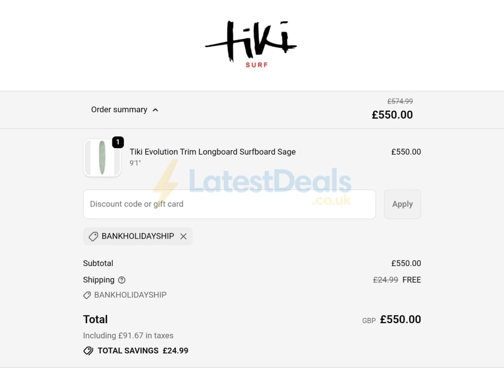Screenshot of the Tiki Surf discount code working