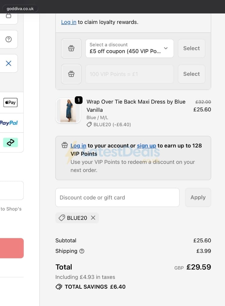 Screenshot of the Goddiva discount code working