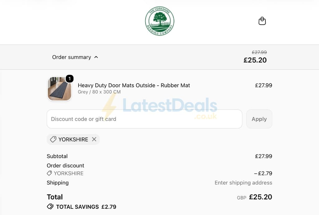 Screenshot of the Yorkshire Bedding discount code working
