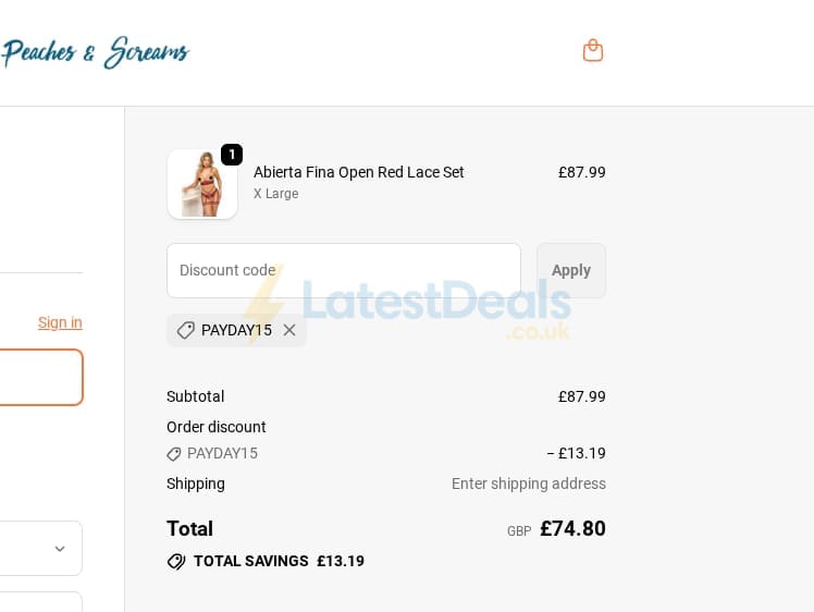 Screenshot of the Peaches and Screams discount code working
