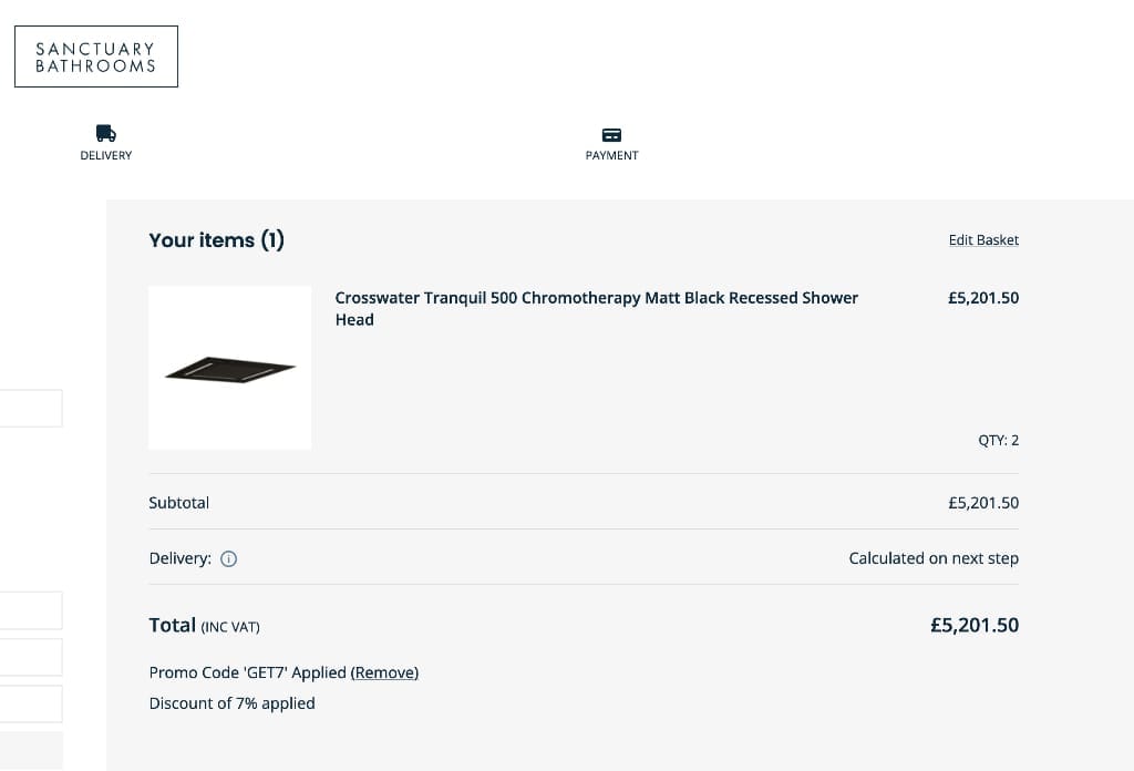 Screenshot of the Sanctuary Bathrooms discount code working