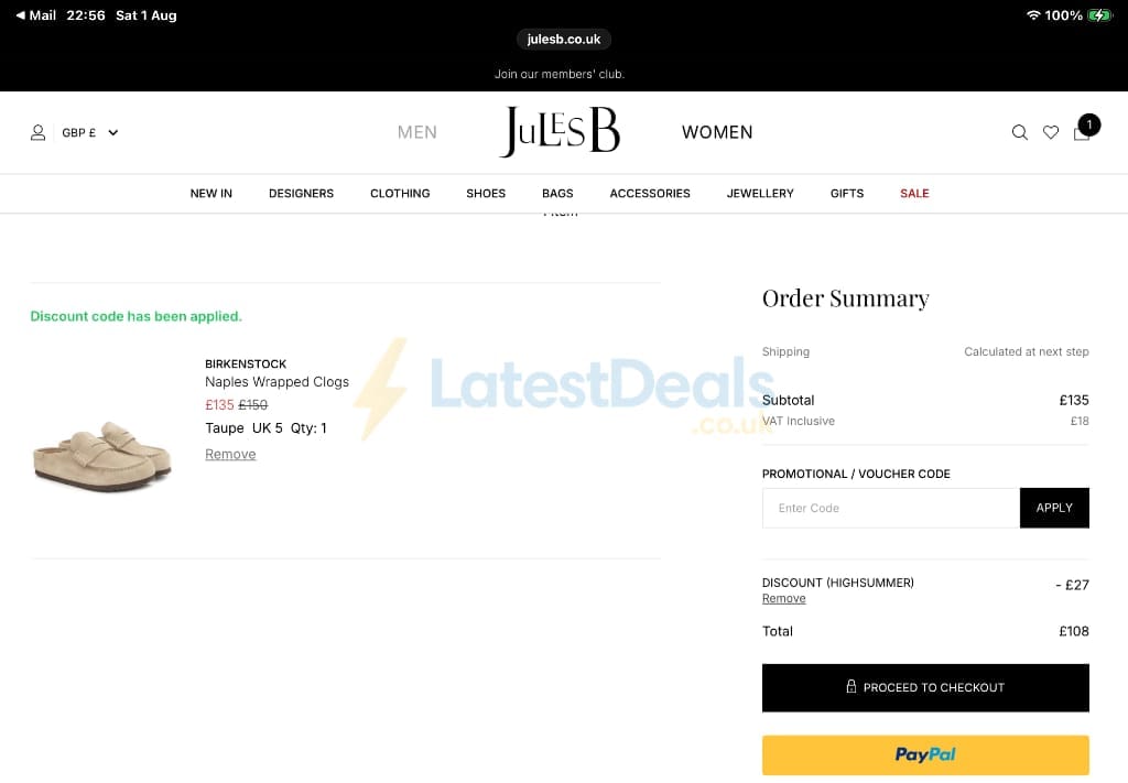 Screenshot of the Jules B discount code working