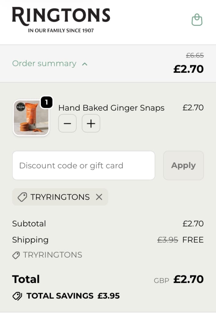 Screenshot of the Ringtons discount code working