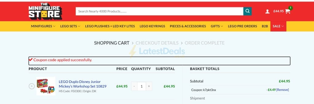 Screenshot of the The Minifigure Store discount code working