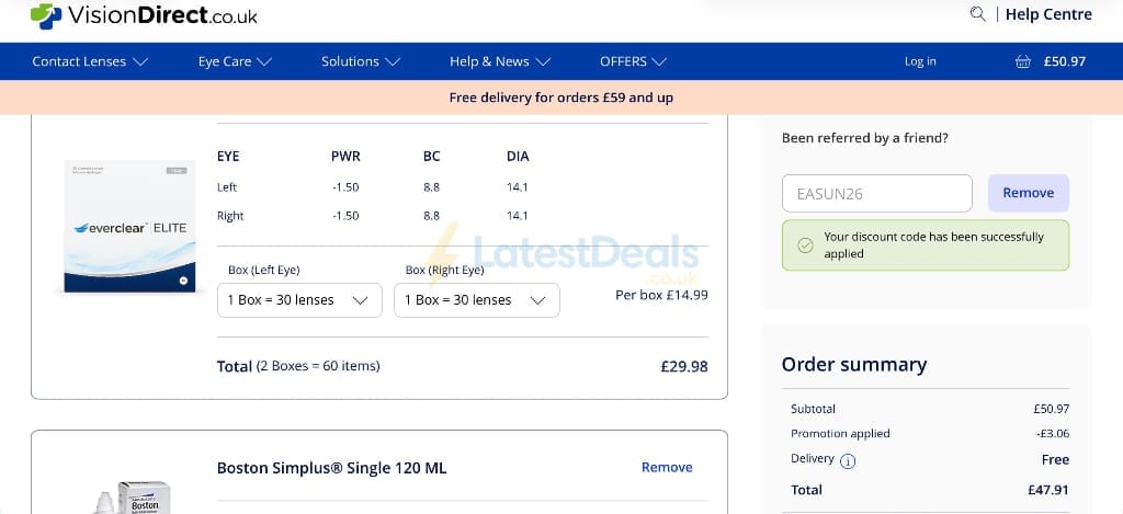 Screenshot of the Vision Direct discount code working