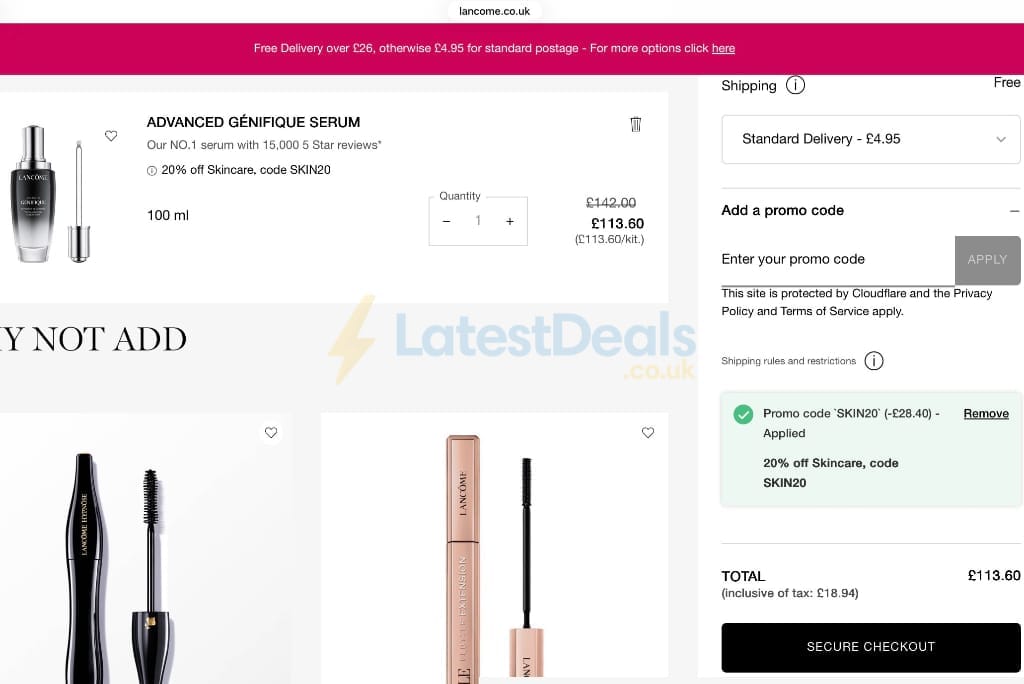Screenshot of the Lancome discount code working