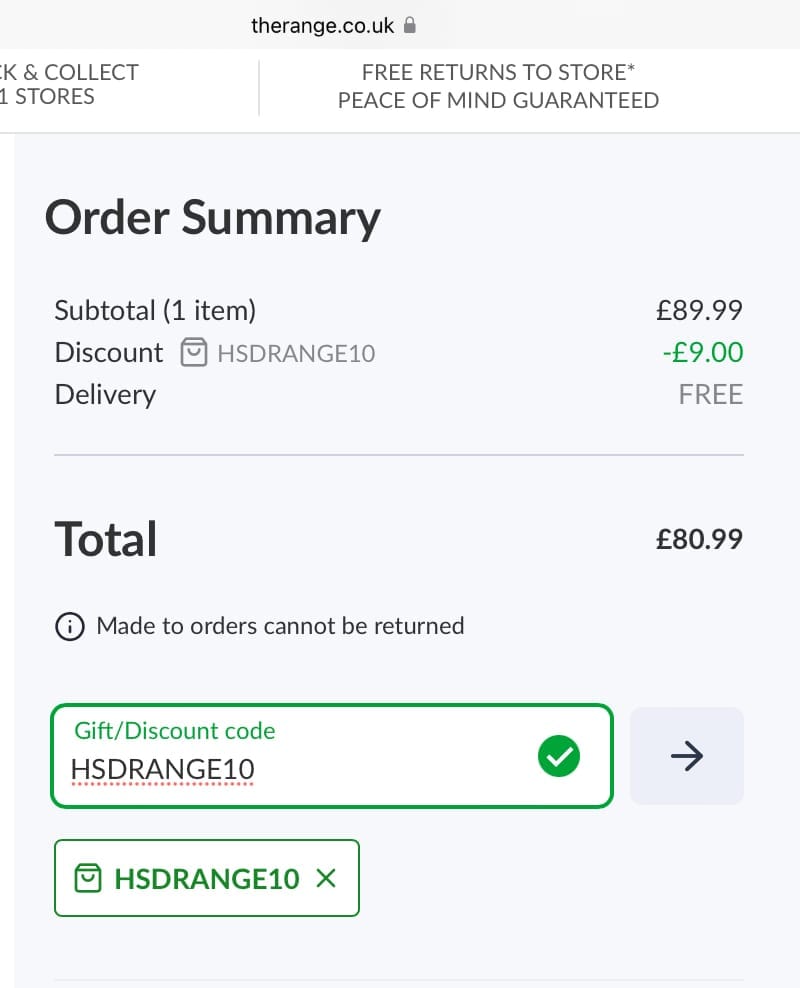 Screenshot of the The Range discount code working