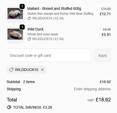 Screenshot of the The Wild Meat Company discount code working
