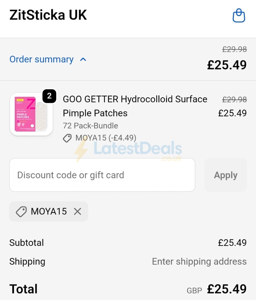 Screenshot of the Zitsticka discount code working