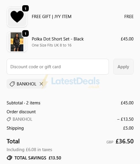 Screenshot of the JYY London discount code working