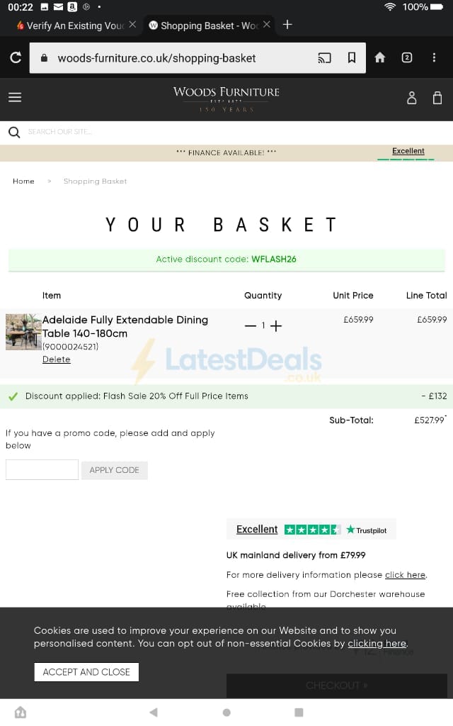 Screenshot of the Woods Furniture discount code working