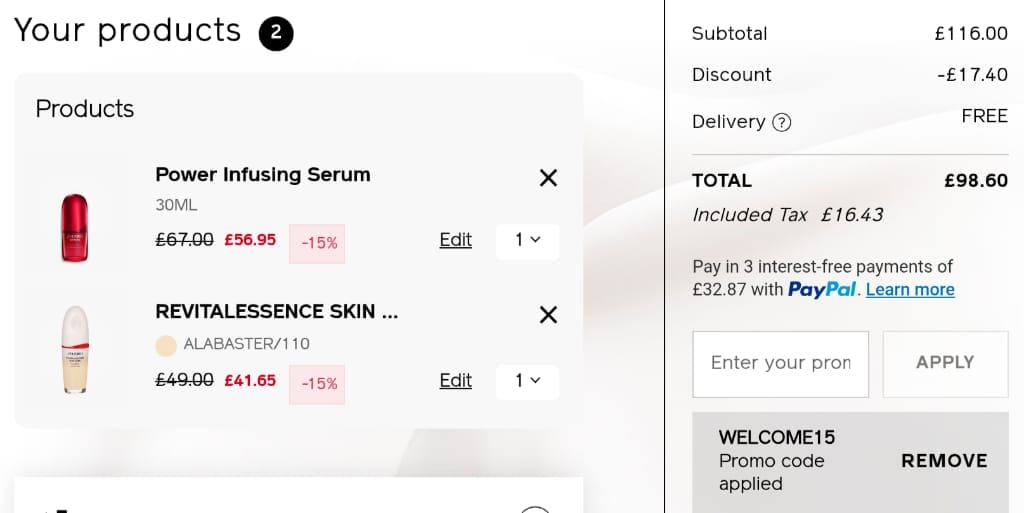 Screenshot of the Shiseido discount code working