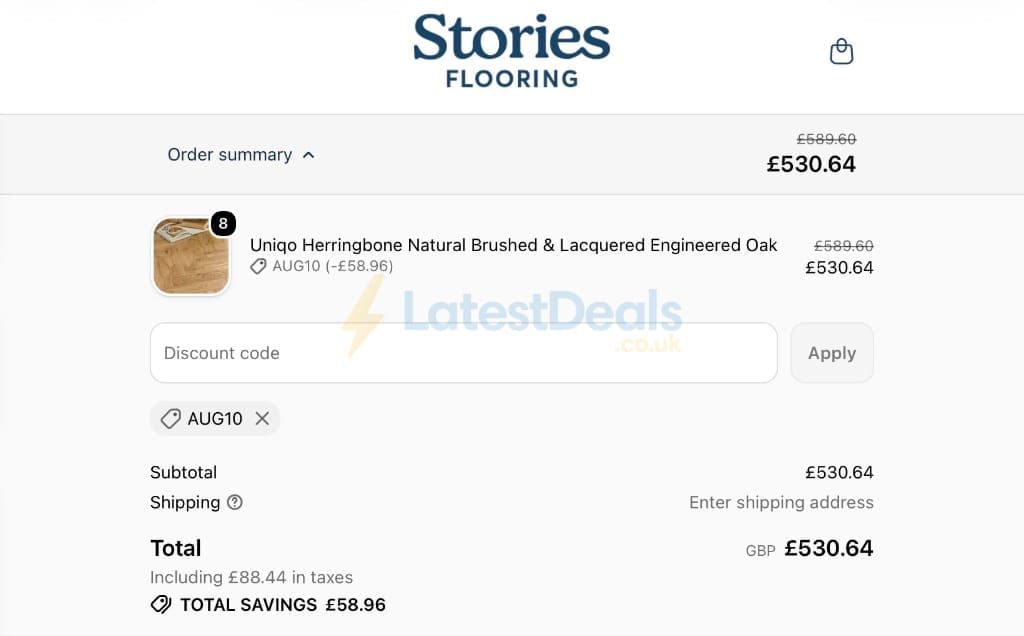 Screenshot of the Stories Flooring discount code working