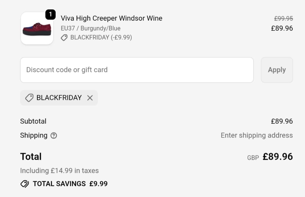 Screenshot of the TUK Shoes discount code working