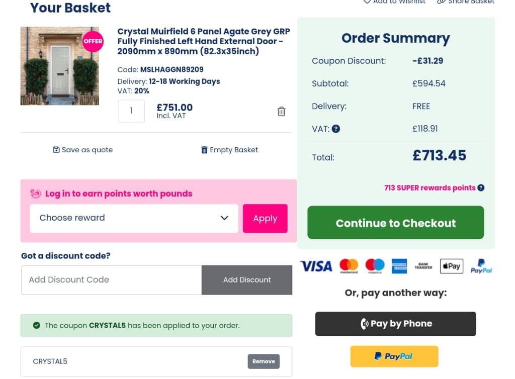 Screenshot of the Door Superstore discount code working