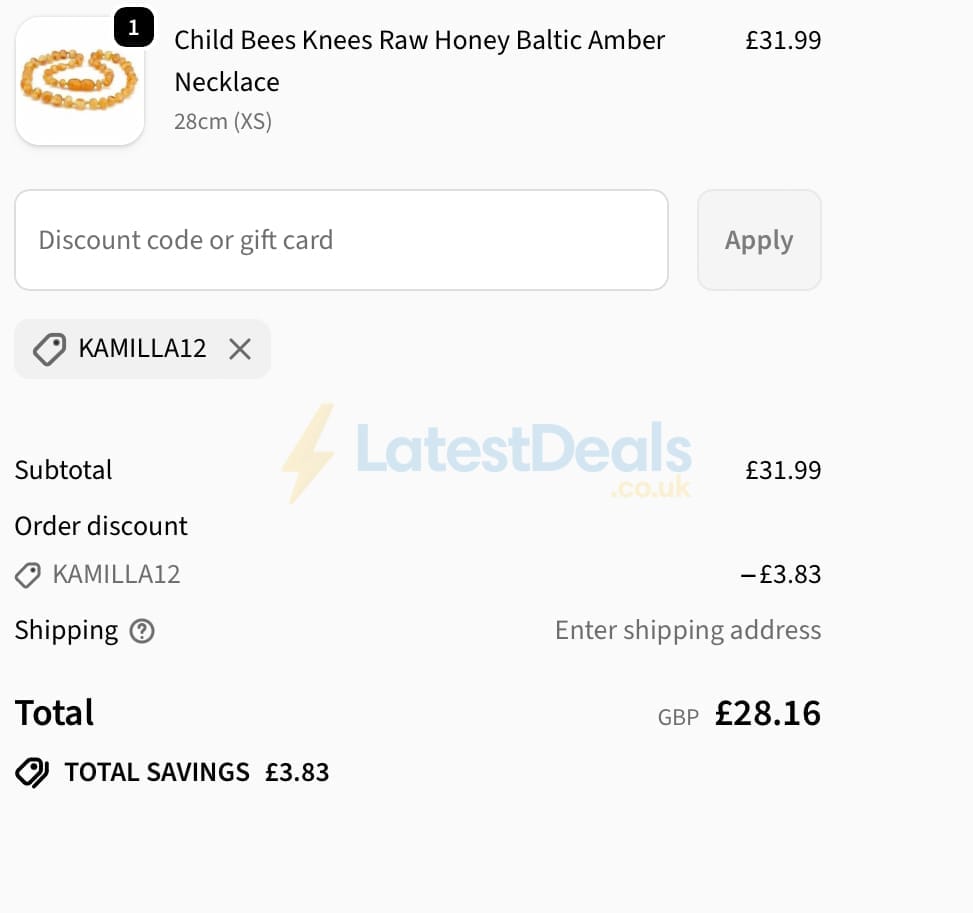 Screenshot of the Love Amber X discount code working
