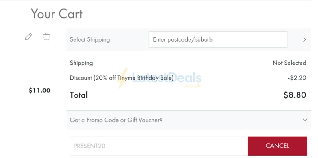 Screenshot of the Tinyme discount code working