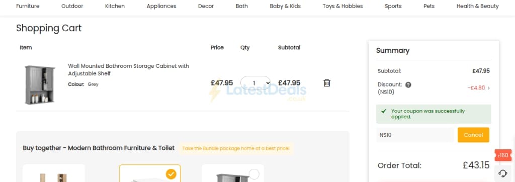 Screenshot of the Costway discount code working