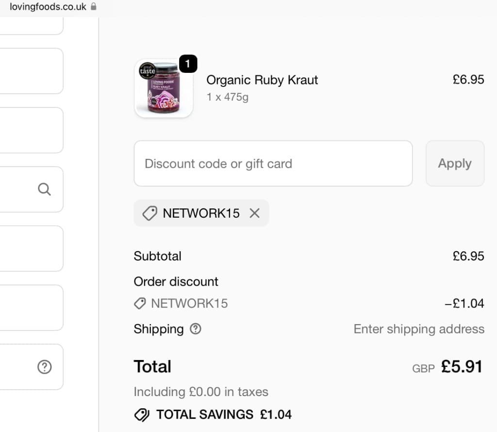 Screenshot of the Loving Foods discount code working