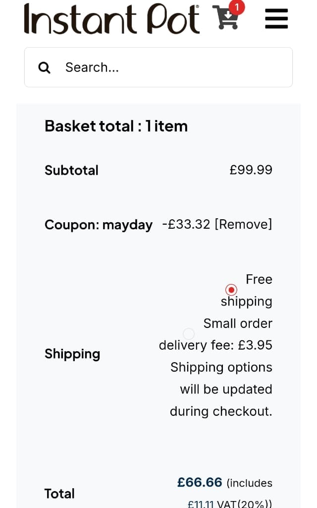 Screenshot of the Instant Pot discount code working