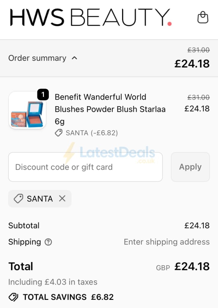 Screenshot of the HWS Beauty discount code working